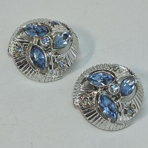 * Vintage Claudette Blue Rhinestone Silver Tone Clip On Earrings